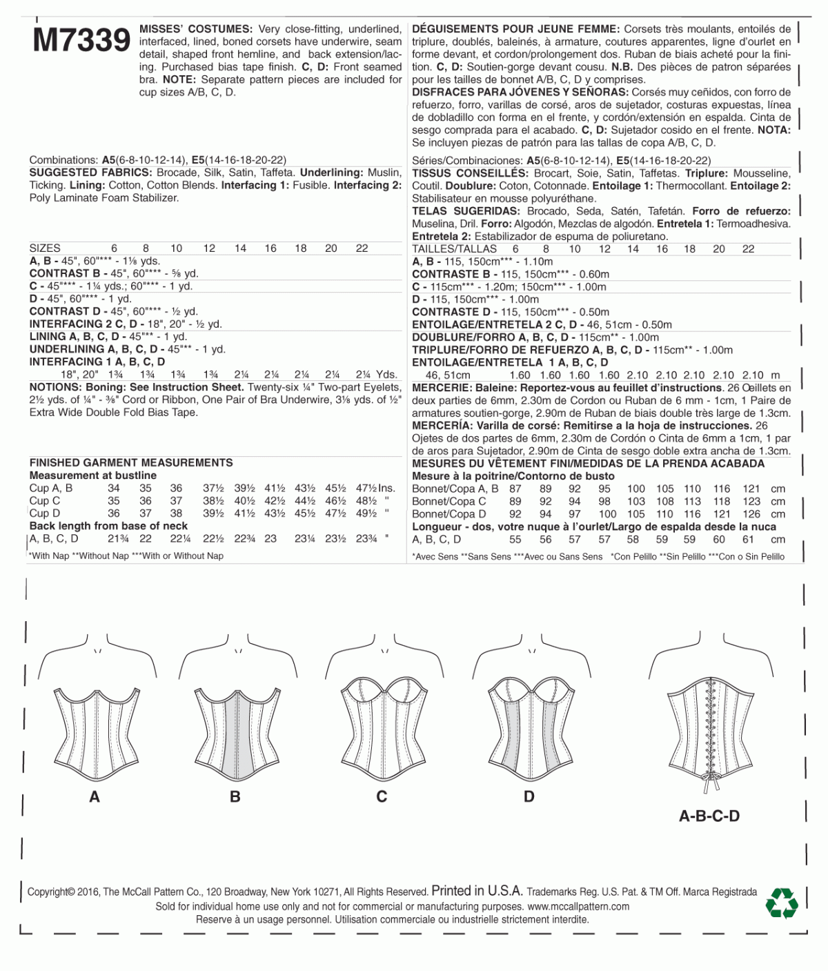 McCall's Sewing Pattern M7339 Misses' Overbust or Underbust Corsets by Yaya Han