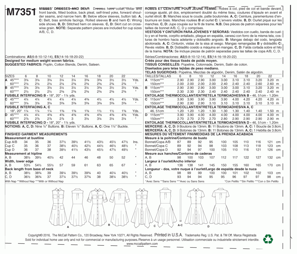 McCall's Dress Pattern M7351 Misses' Shirtdresses with Pockets and Belt
