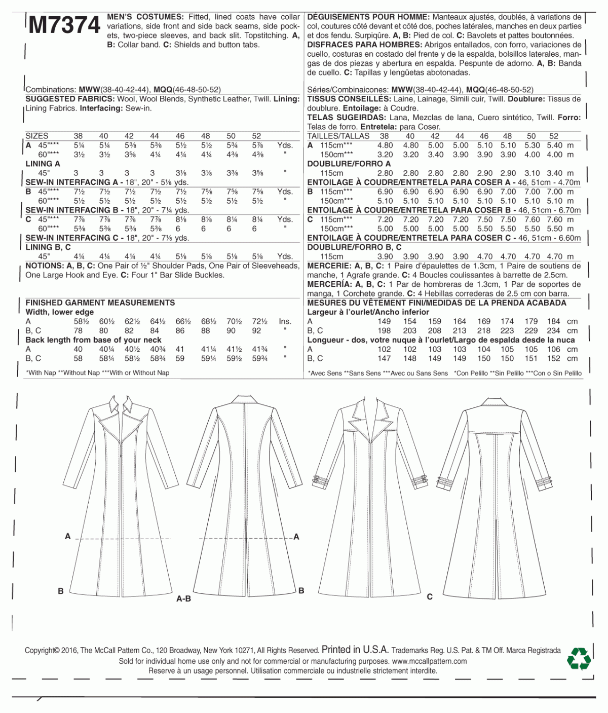 McCall's Sewing Pattern M7374 Collared and Seamed Coats