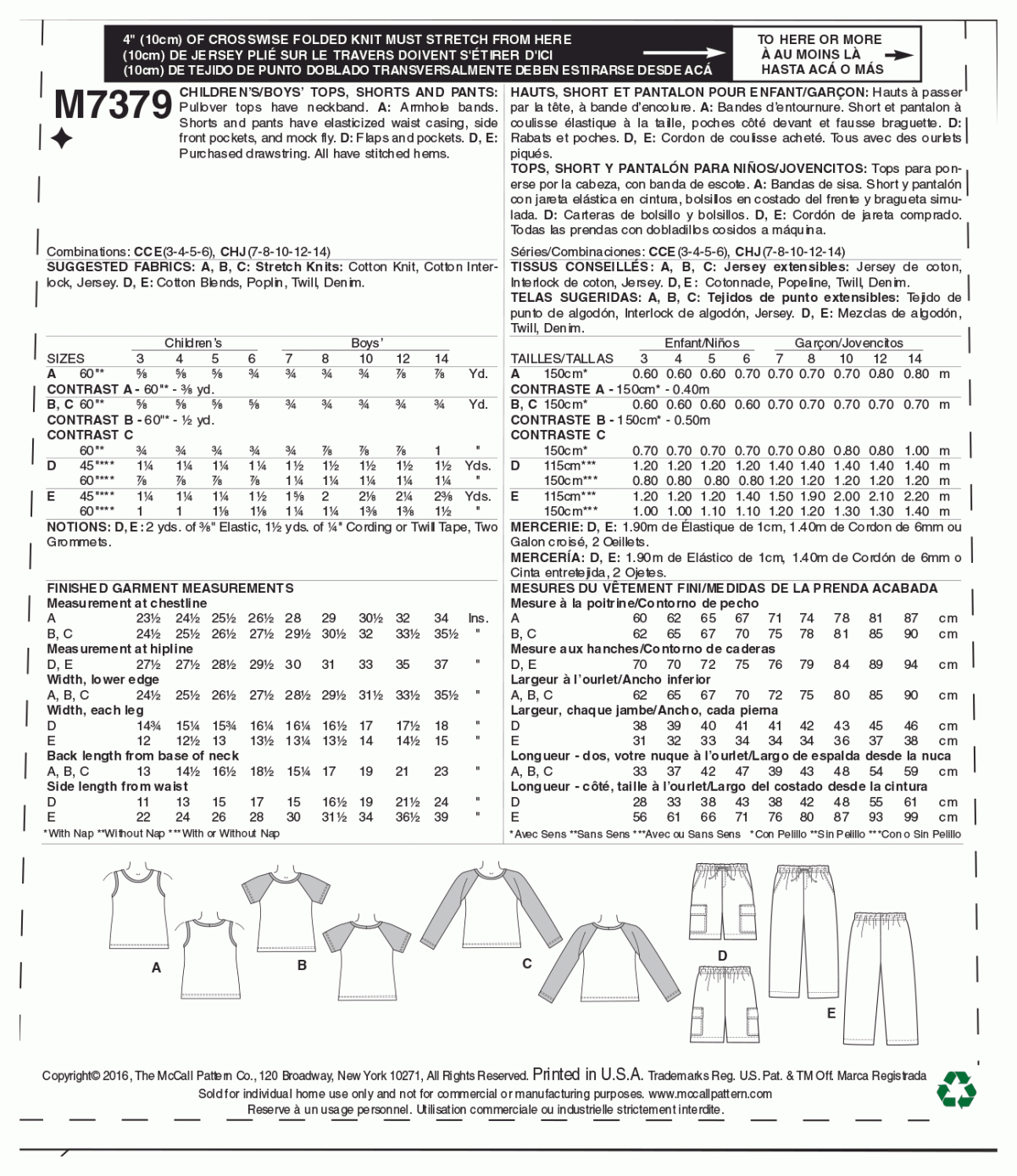 McCall's Sewing Pattern M7379 Children's/Boys' Raglan Sleeve and Tank Tops, Cargo Shorts and Pants