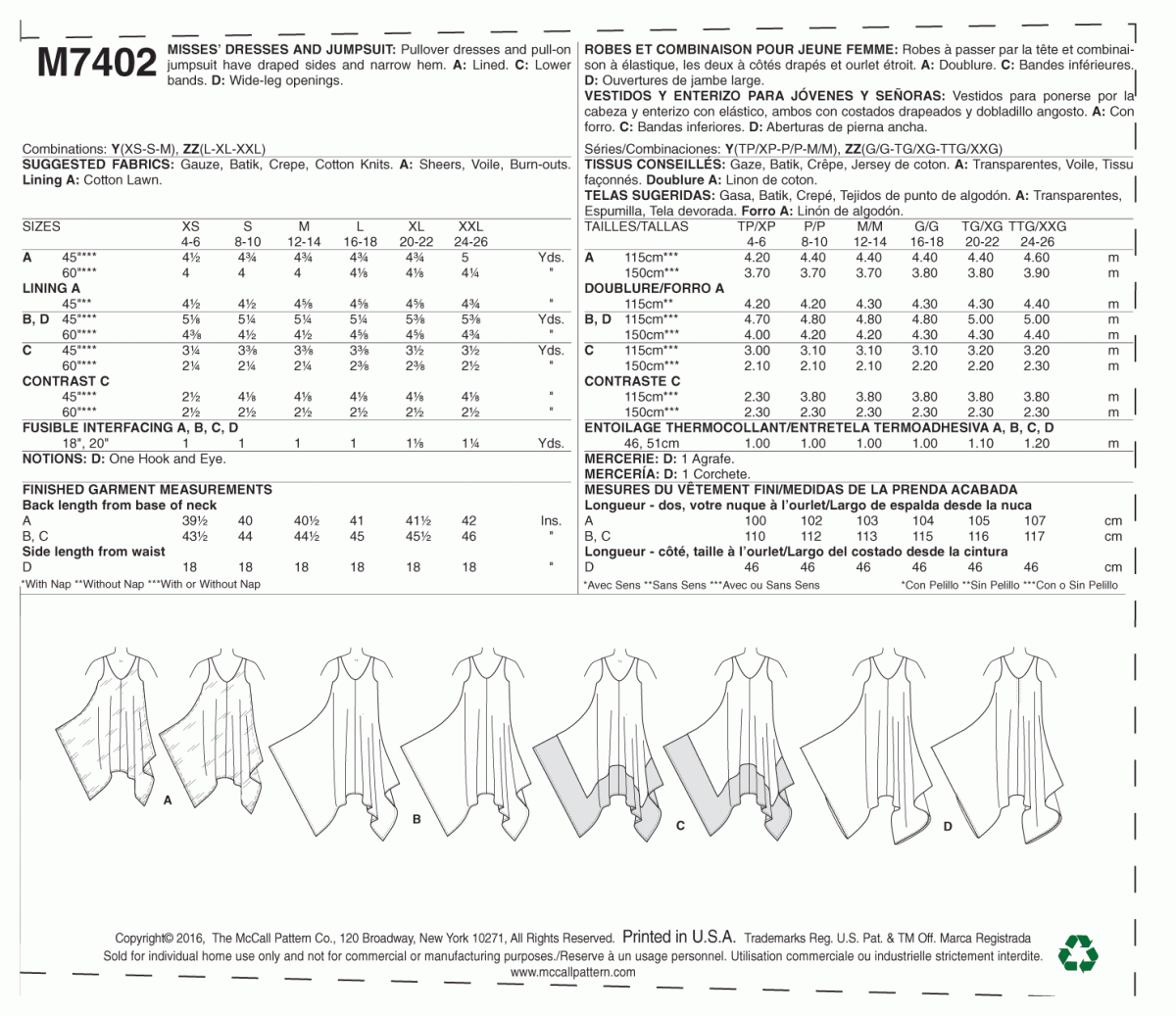 McCall's Sewing Pattern M7402 Misses' Dresses and Jumpsuit