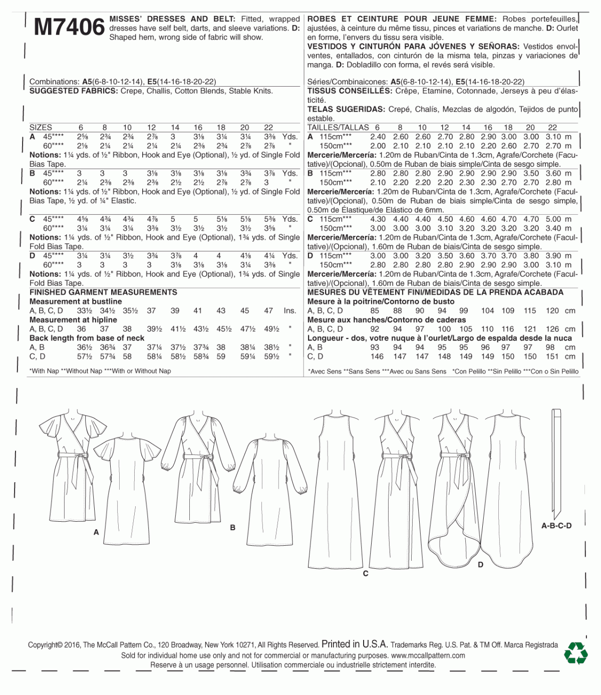 McCall's Sewing Pattern M7406 Misses' Dresses and Belt
