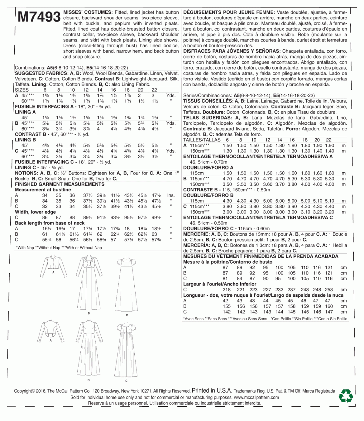 McCall's Sewing Pattern M7493 Cropped Jacket, Floor-Length Coat and A-Line, Square-Neck Dress