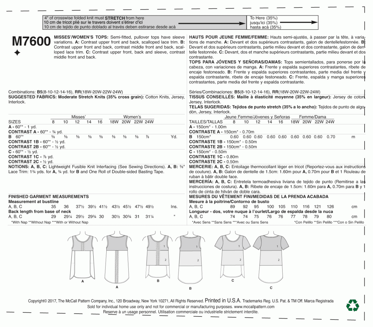 McCall's Sewing Pattern M7600 Misses'/Women's Pullover Tops with Contrast and Sleeve Variations