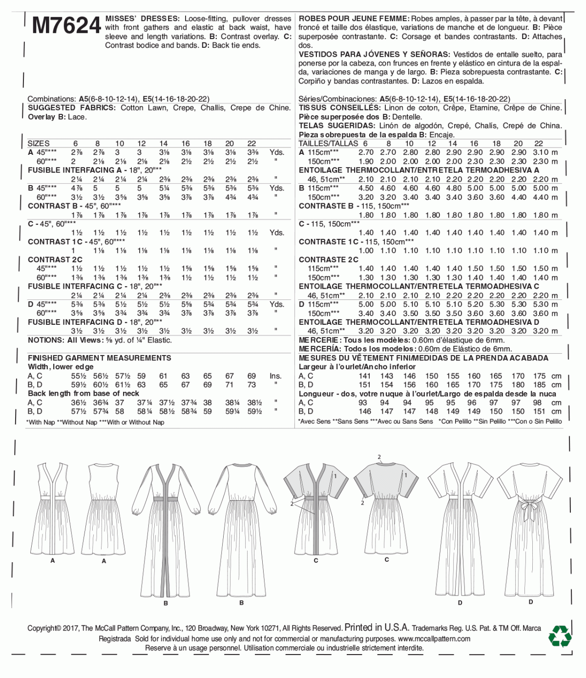 McCall's Sewing Pattern M7624 Misses' Banded Gathered Dresses with Sleeve and Length Options