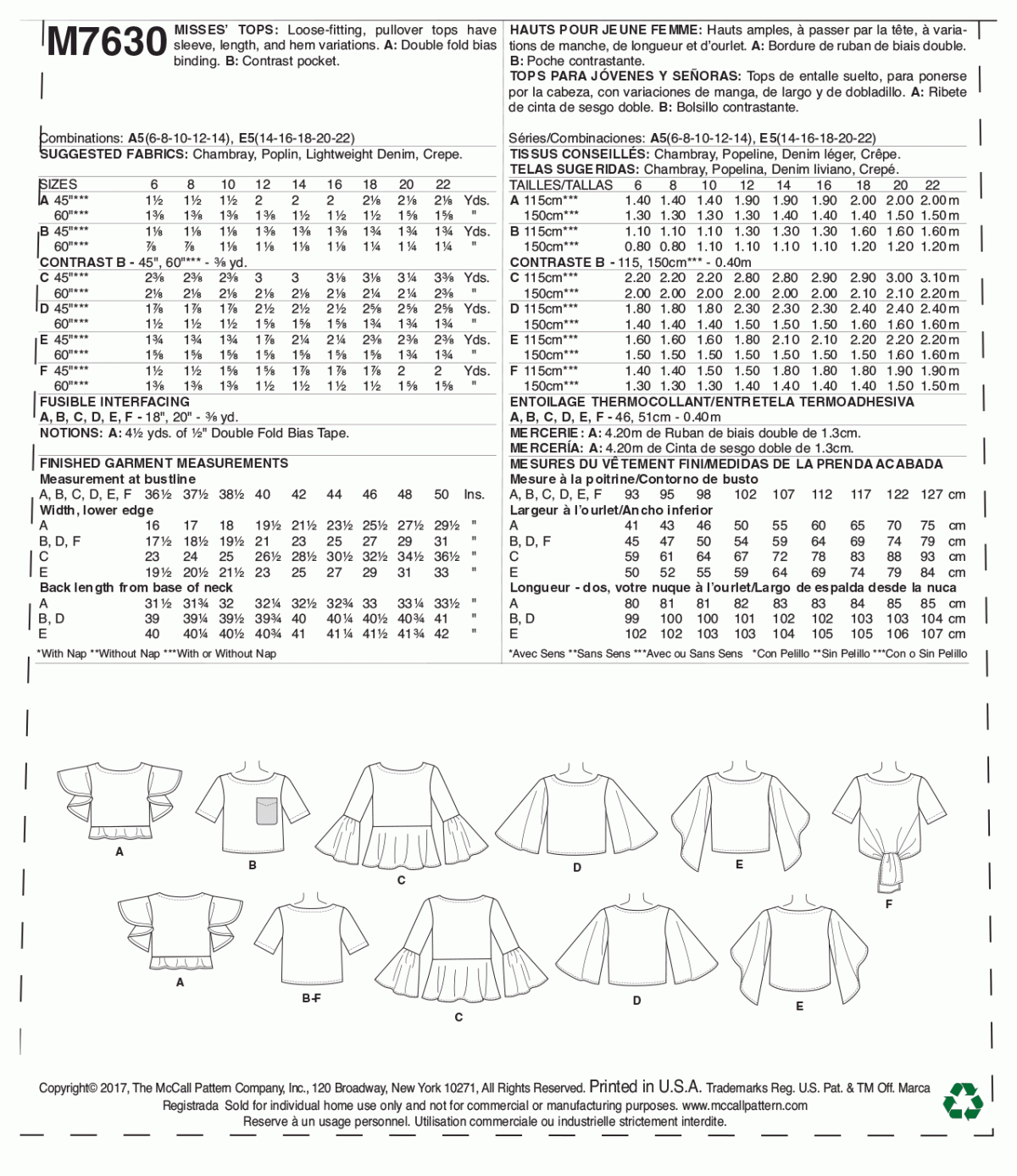 McCall's Sewing Pattern M7630 Misses' Tops with Sleeve and Hem Variations