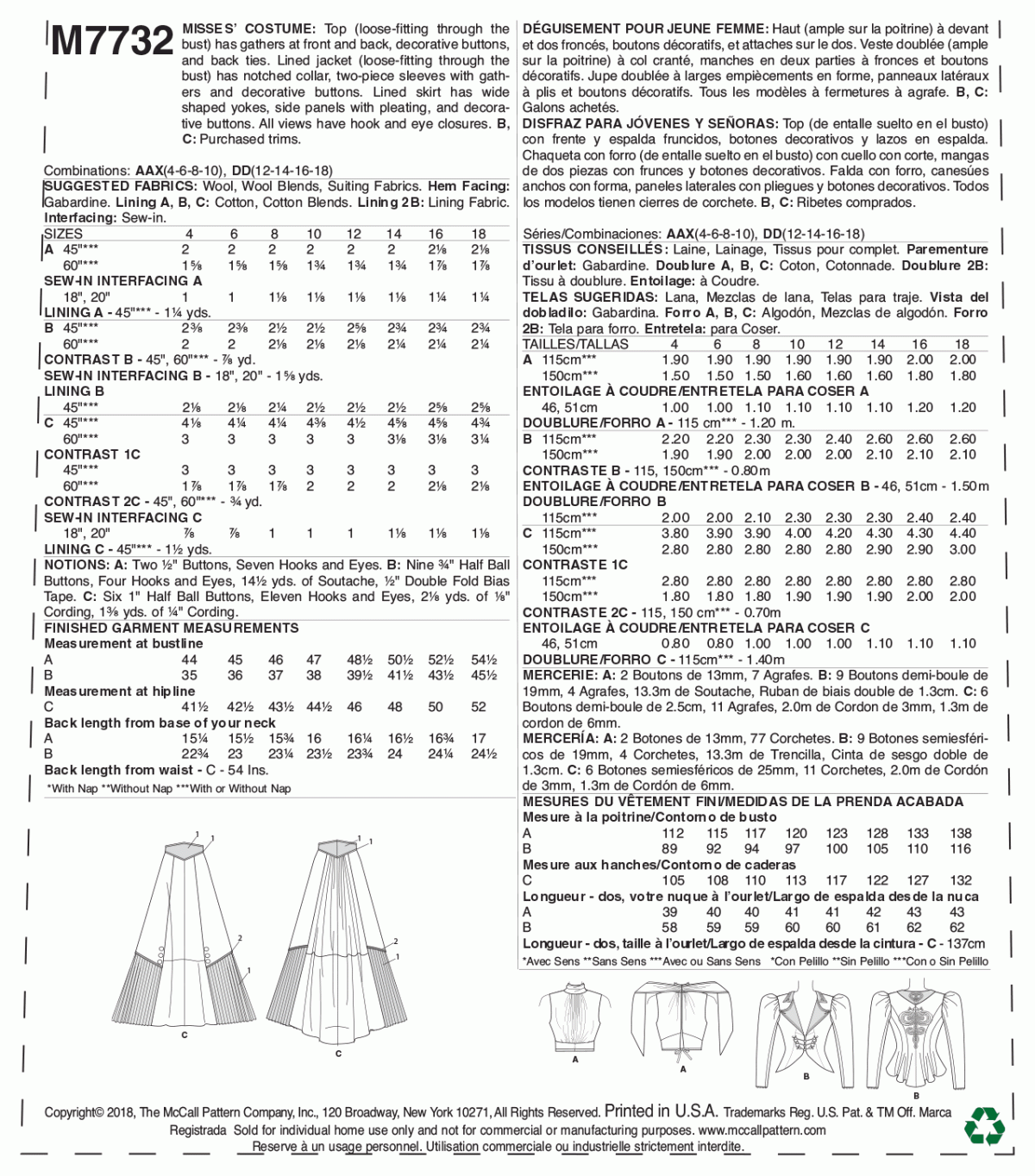McCall's Sewing Pattern M7732 Misses' Costume by Angela Clayton