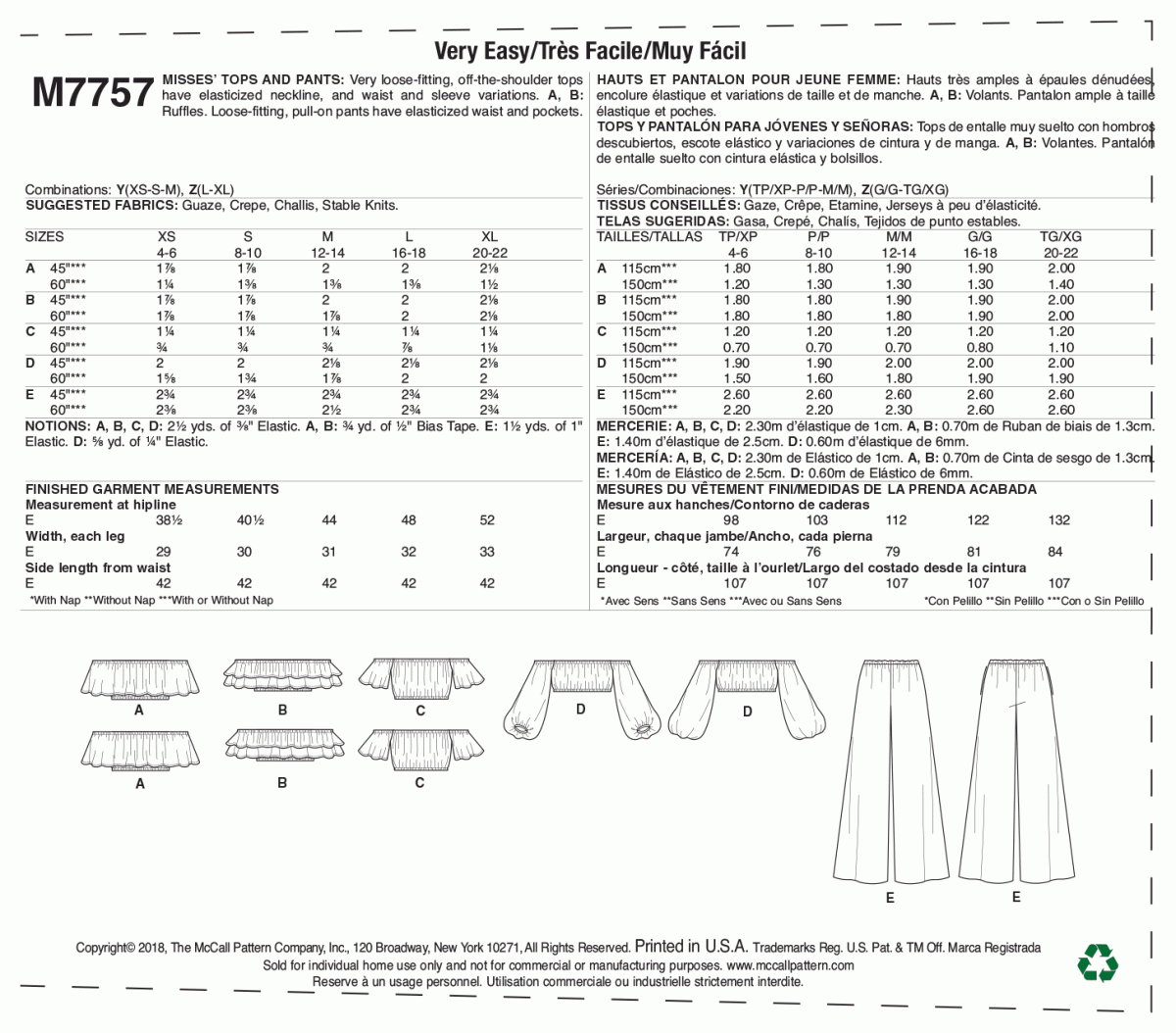 McCall's Sewing Pattern M7757 Misses' Tops and Pants