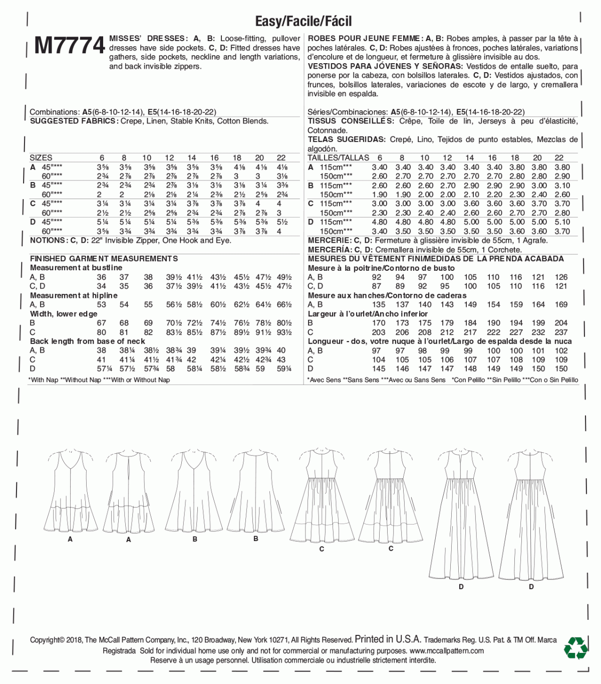 McCall's Sewing Pattern M7774 Misses' Dresses