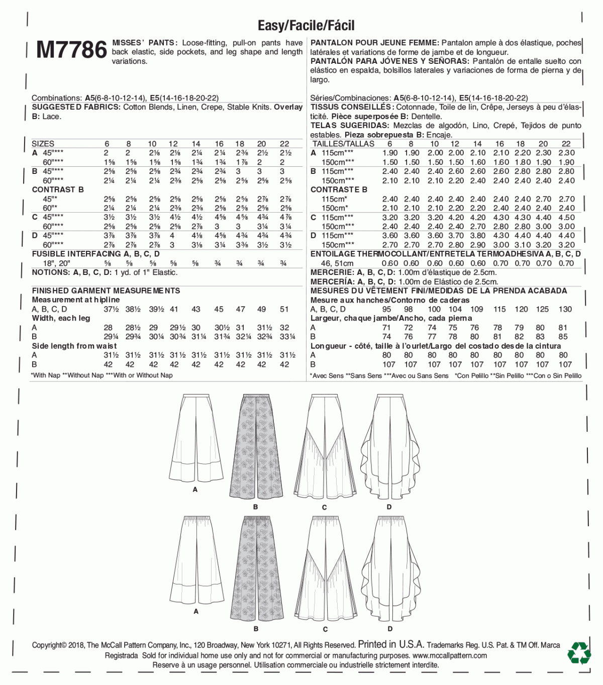 McCall's Sewing Pattern M7786 Misses' Pants