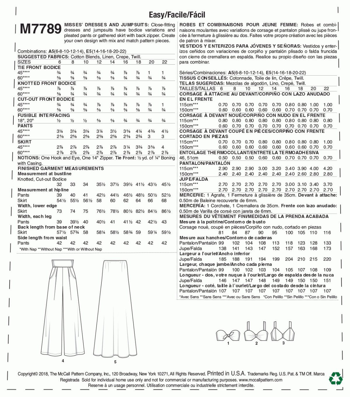 McCall's Sewing Patter M7789 Misses' Dresses and Jumpsuits
