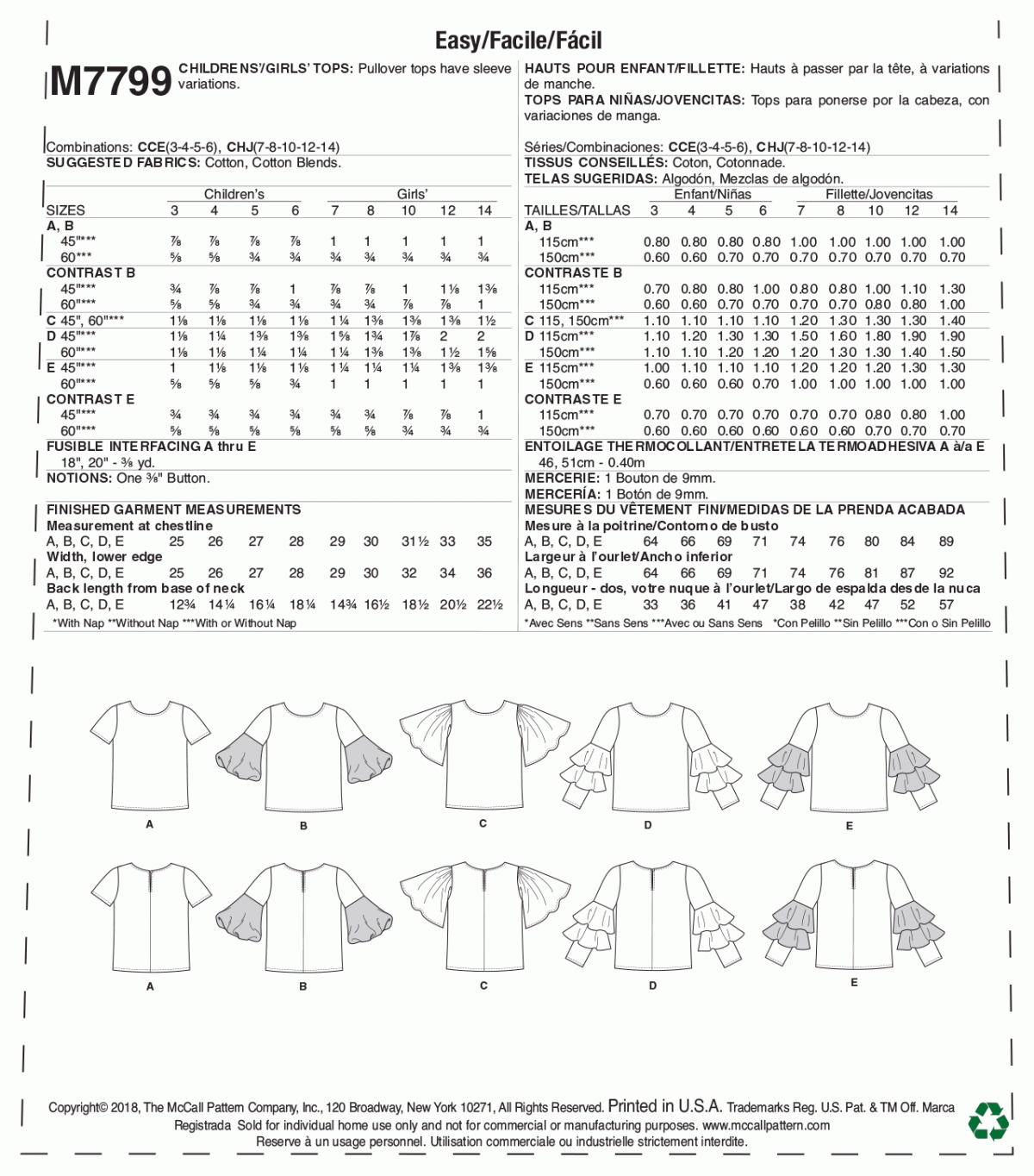 McCall's Sewing Pattern M7799 Children's/Girls' Tops