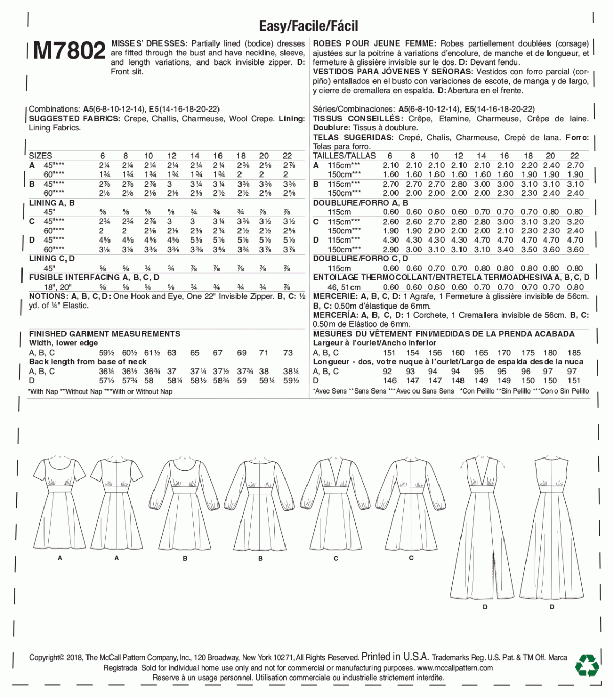 McCall's Sewing Pattern M7802 Misses' Dresses