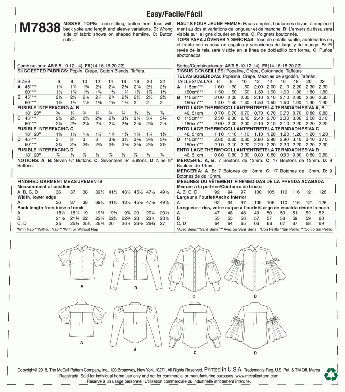 McCall's Sewing Pattern M7838 Misses' Tops