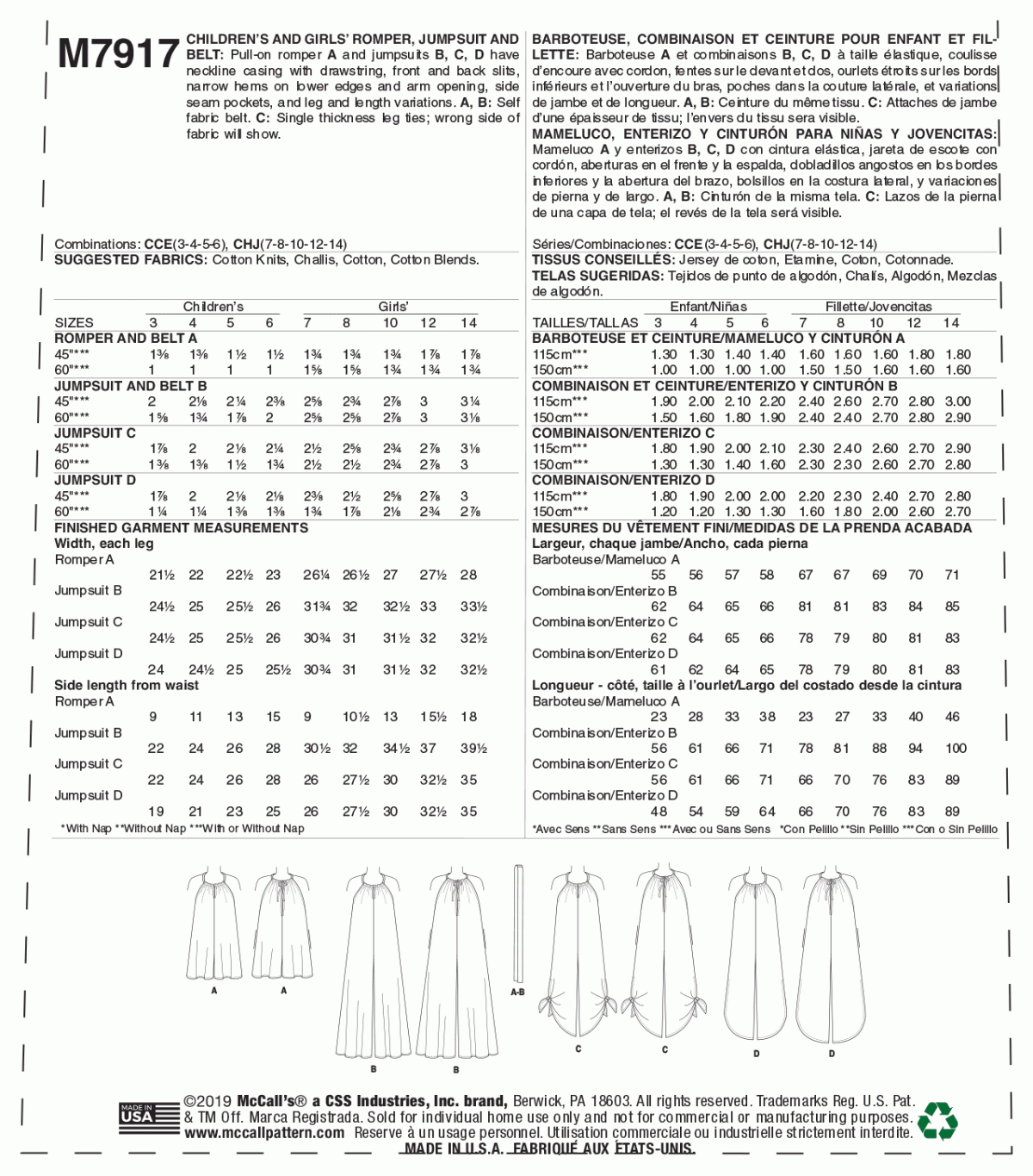 McCall's Sewing Pattern M7917 Children's and Girl's Romper, Jumpsuit and Belt
