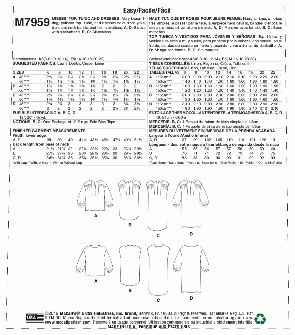McCall's Sewing Pattern M7959 Misses' Top, Tunic and Dresses