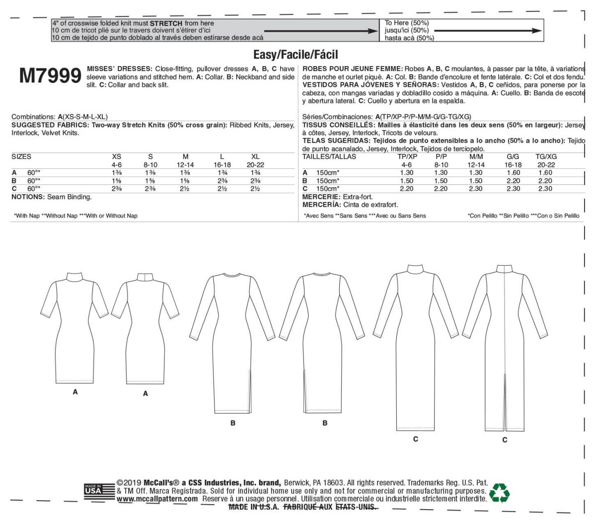 McCall's Sewing Pattern M7999 Misses' Dress