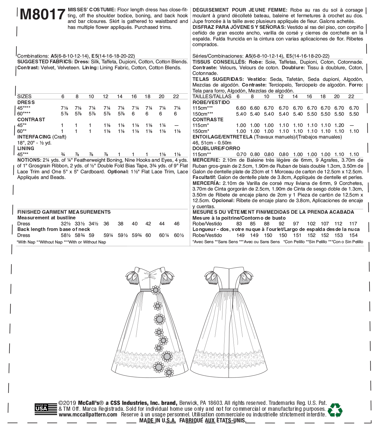 McCall's Sewing Pattern M8017 Misses' Costume
