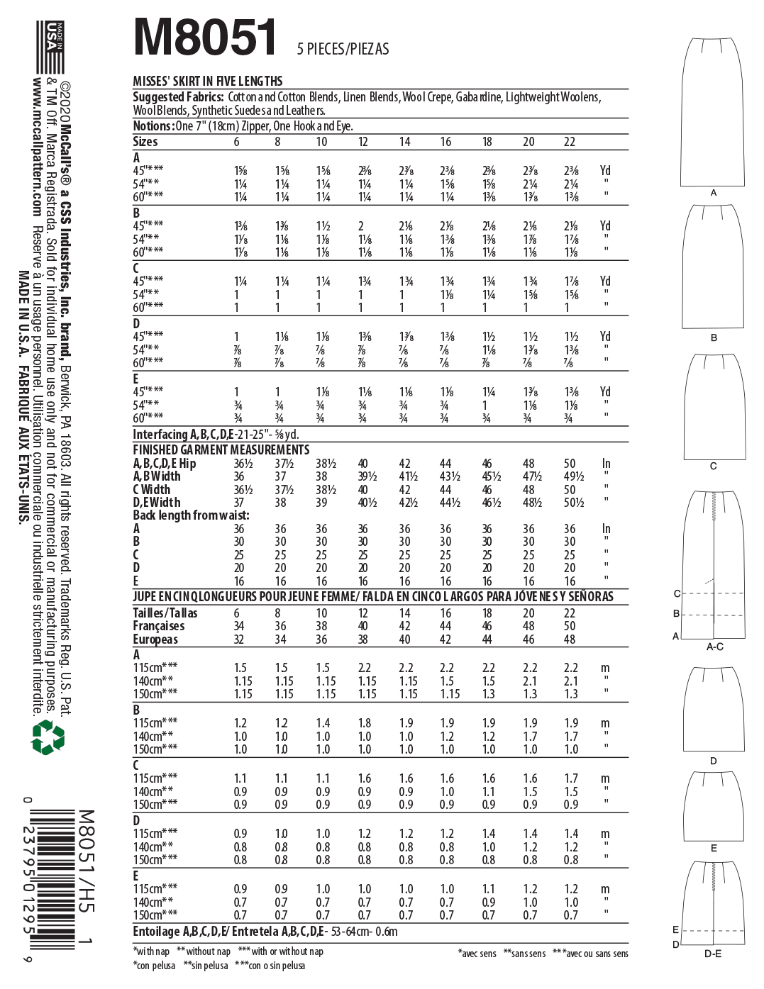M8051 Misses' Pencil Skirts In Five Lengths #MarieMcCalls