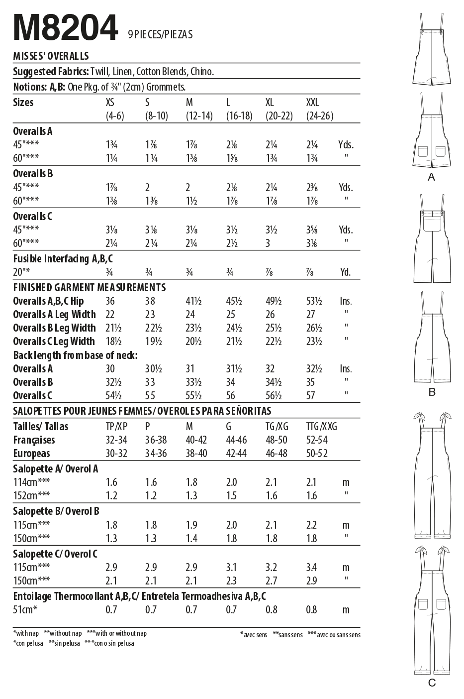 McCall's Sewing Pattern M8204 Misses' Overalls