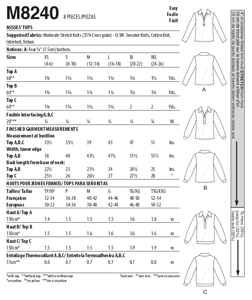 McCall's Sewing Pattern M8240 Misses' Tops