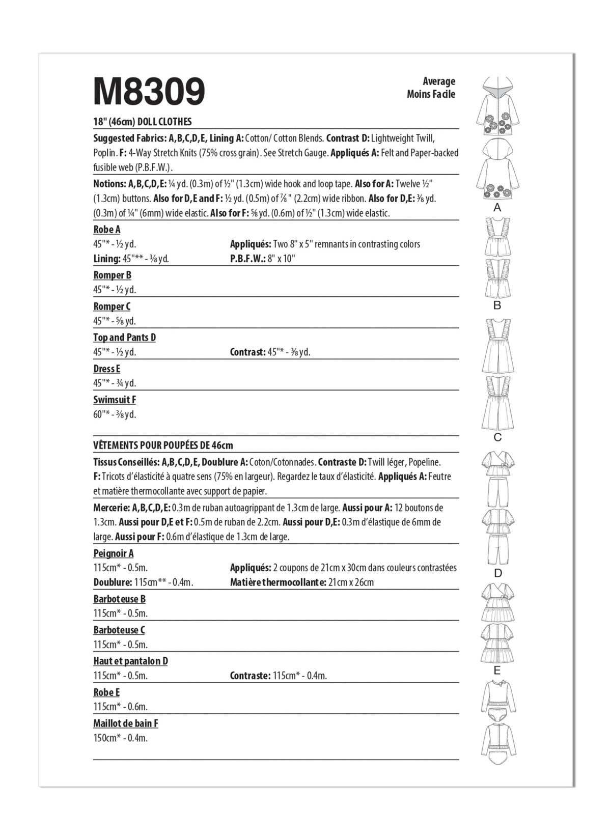 McCall's Sewing Pattern M8309 18" Doll Clothes