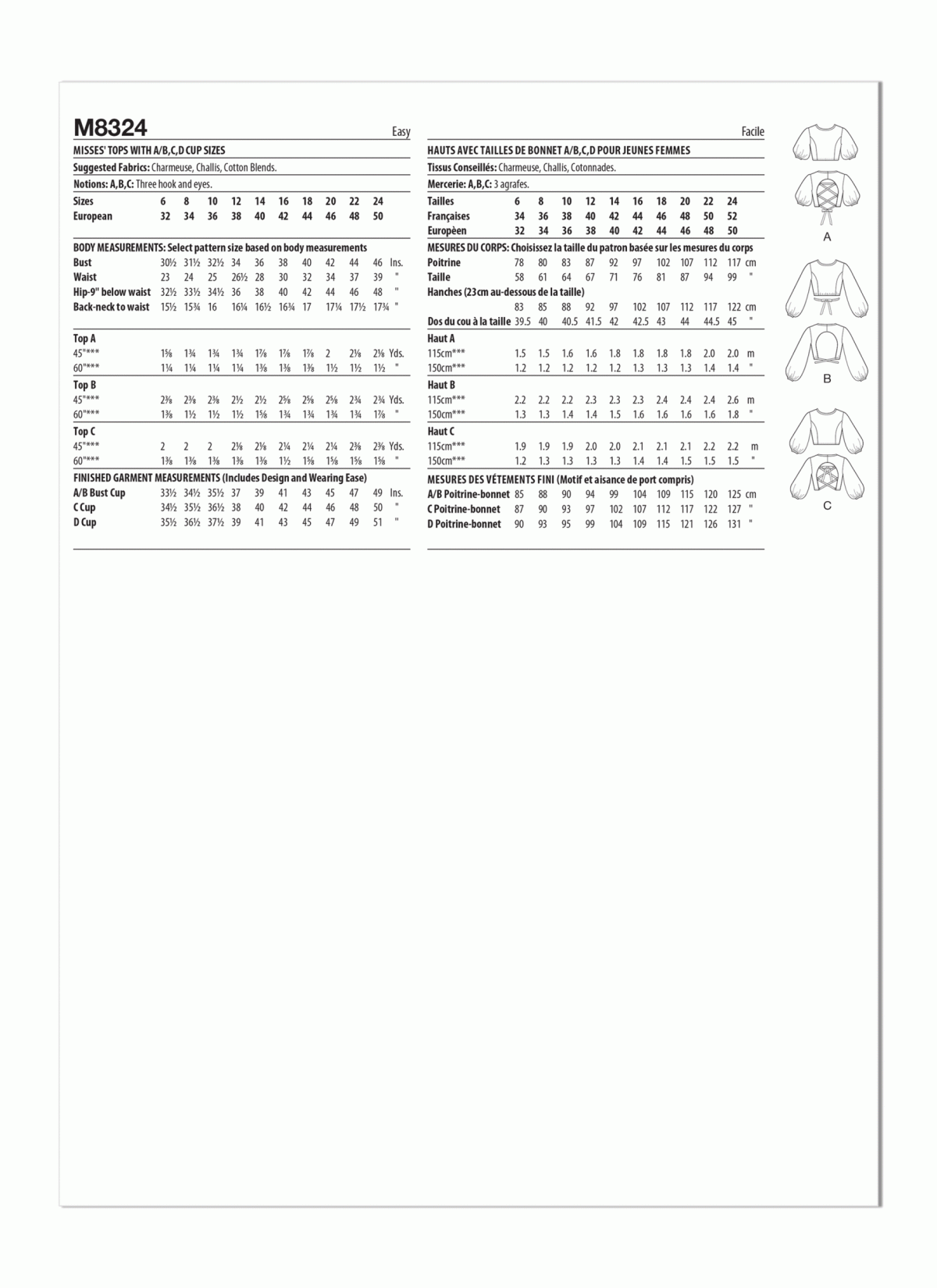 McCall's Sewing Pattern M8324 Misses' Tops