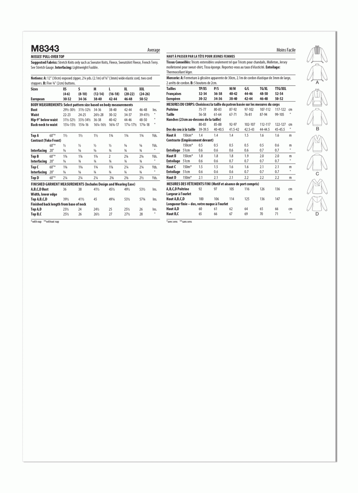 McCall's Sewing Pattern M8343 Misses' Pull-Over Tops