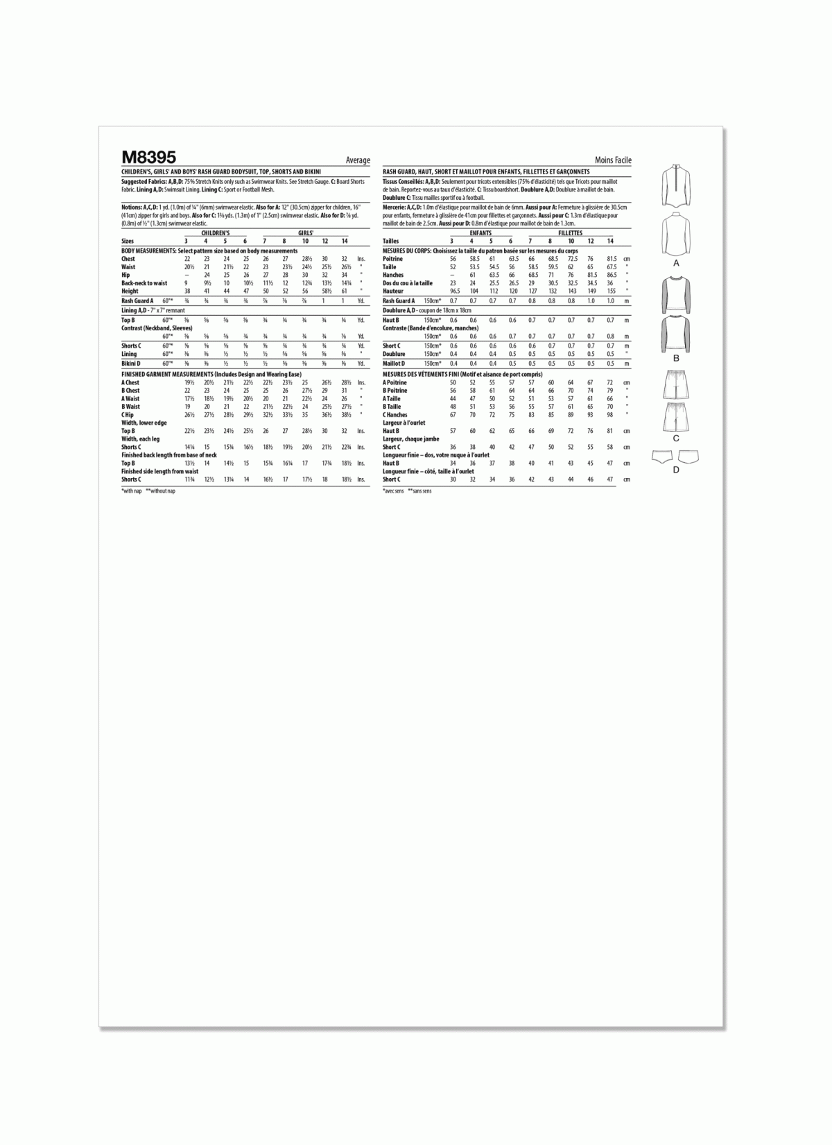 McCall's Sewing Pattern M8395 Children's, Girls' and Boys' Rash Guard Bodysuit, Top, Shorts and Bikini