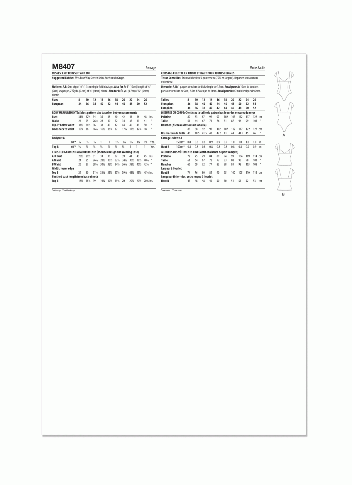 McCall's Sewing Pattern M8407 Misses' Knit Bodysuit and Top by Brandi Joan