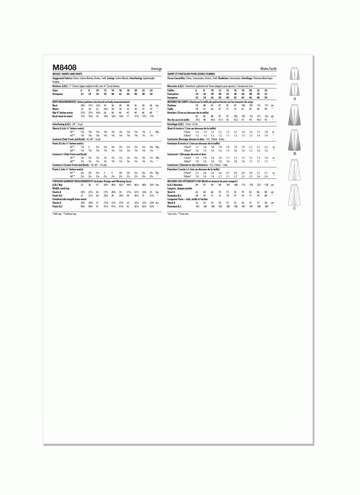 McCall's Sewing Pattern M8408 Misses' Shorts and Trousers