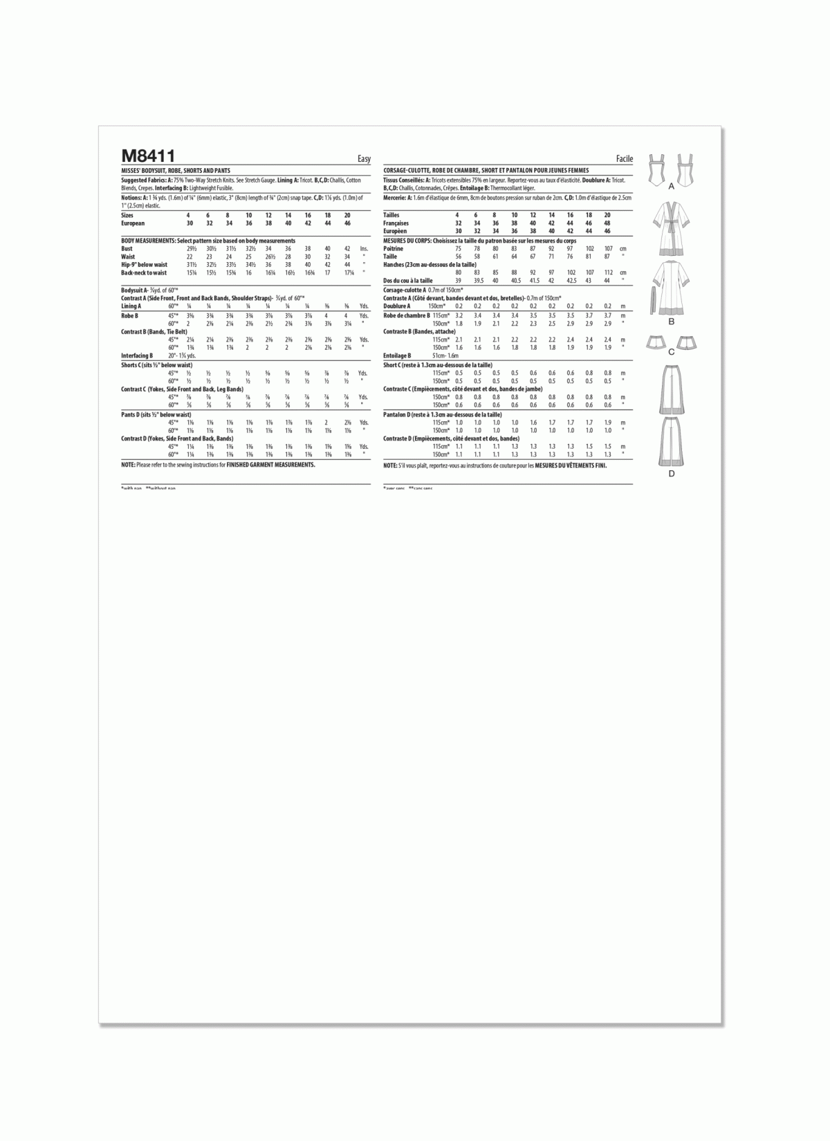 McCall's Sewing Pattern M8411 Misses' Bodysuit, Robe, Shorts and Trousers
