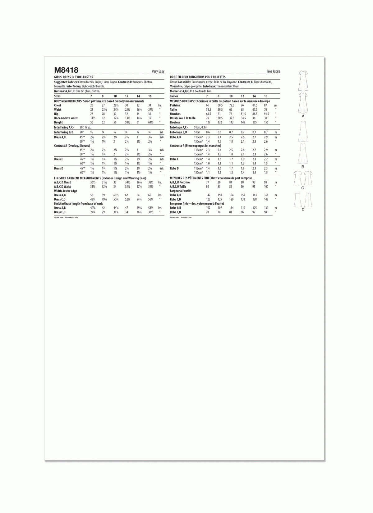 McCall's Sewing Pattern M8418 Girls' Dress in Two Lengths