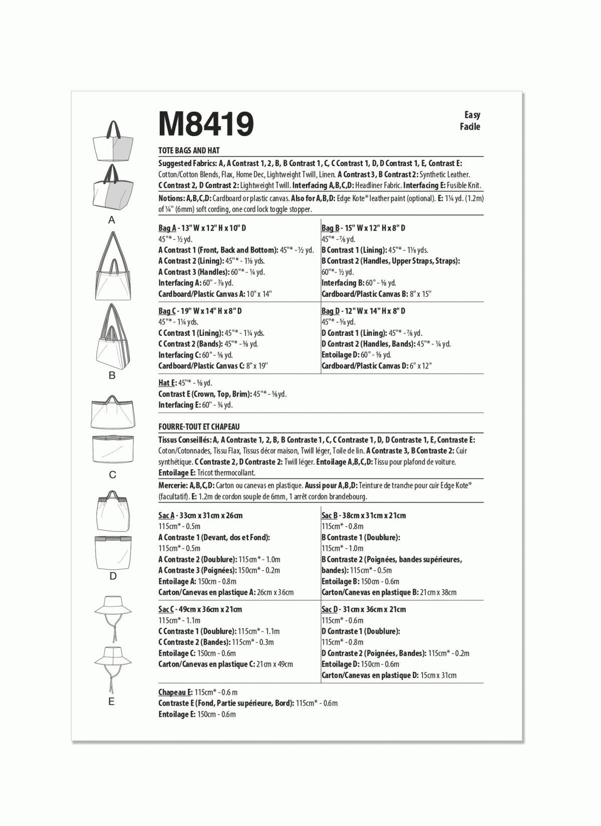 McCall's Sewing Pattern M8419 Tote Bags and Hat