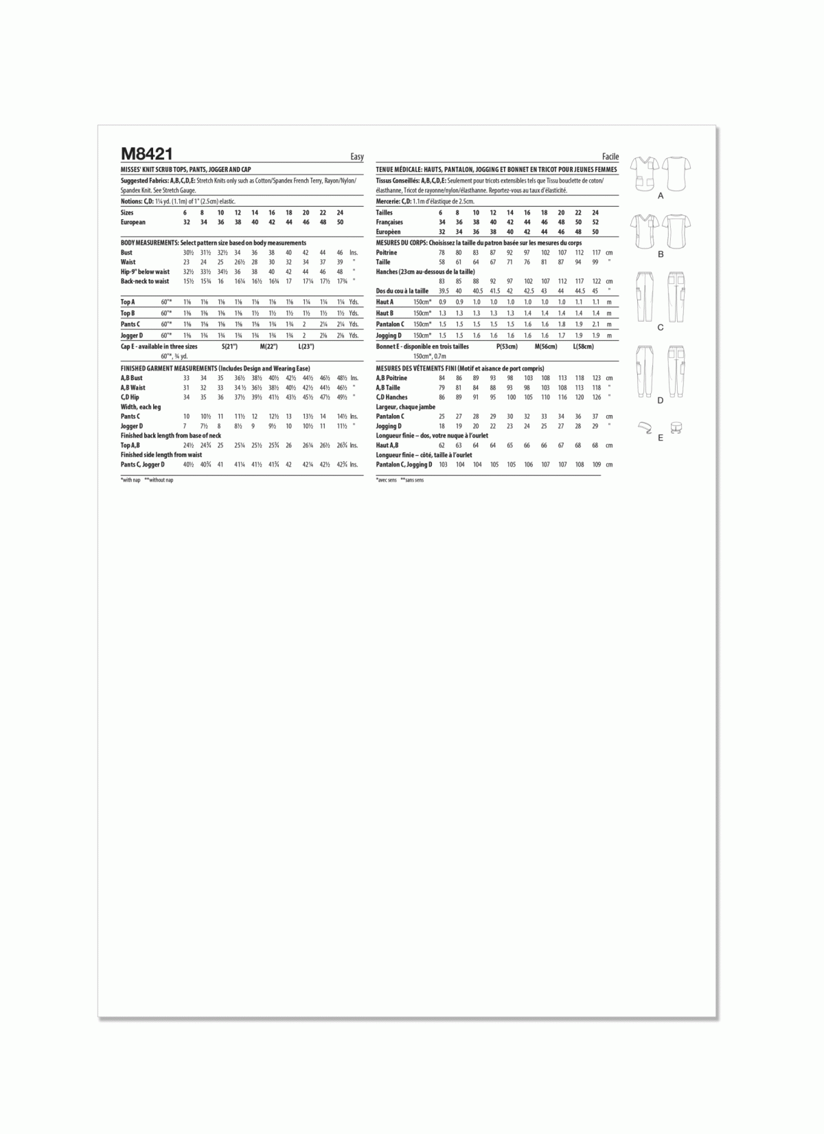 McCall's Sewing Pattern M8421 Misses' Knit Scrub Tops, Trousers, Joggers and Cap