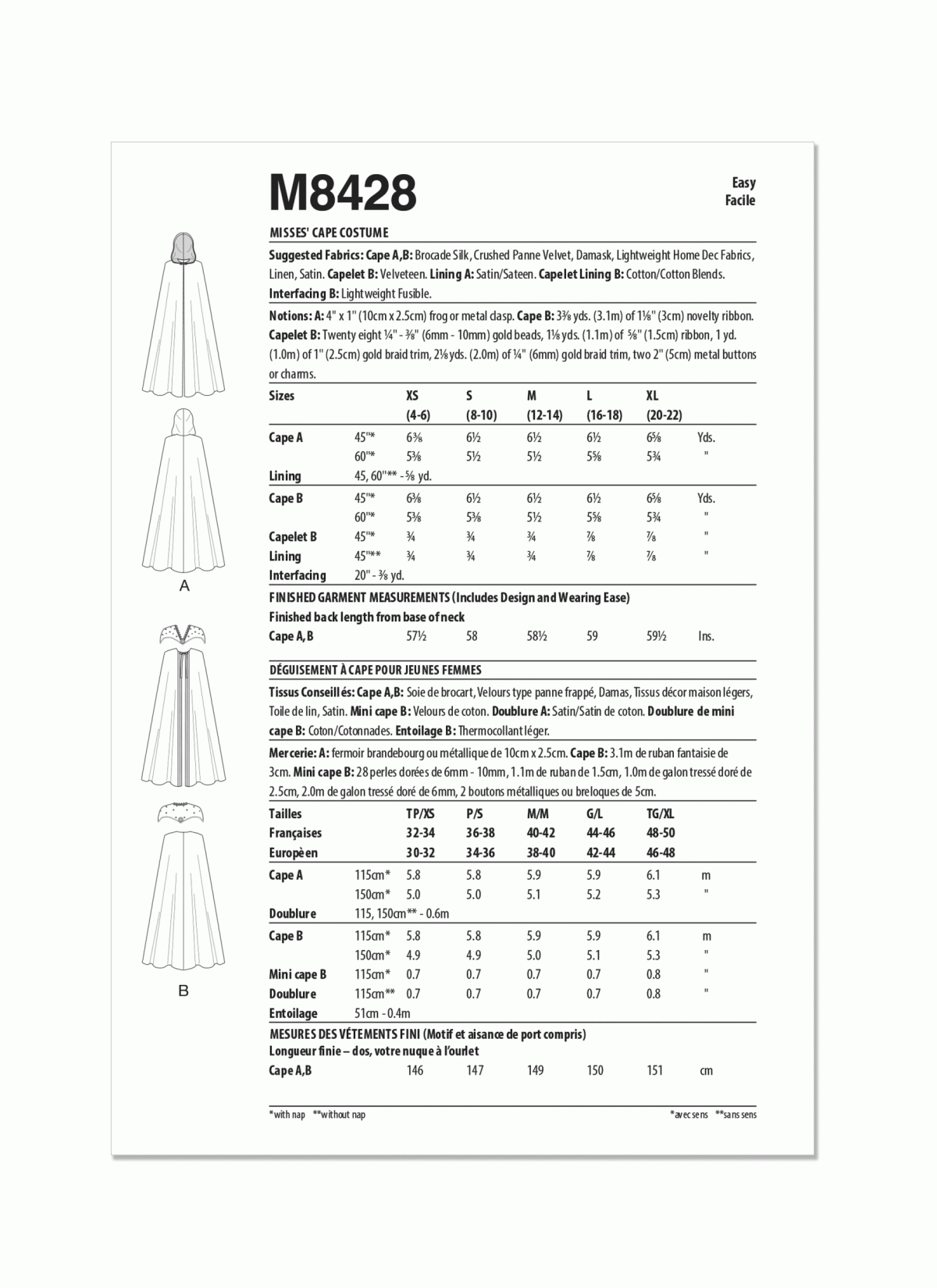 McCall's Sewing Pattern M8428 Misses' Cape Costume