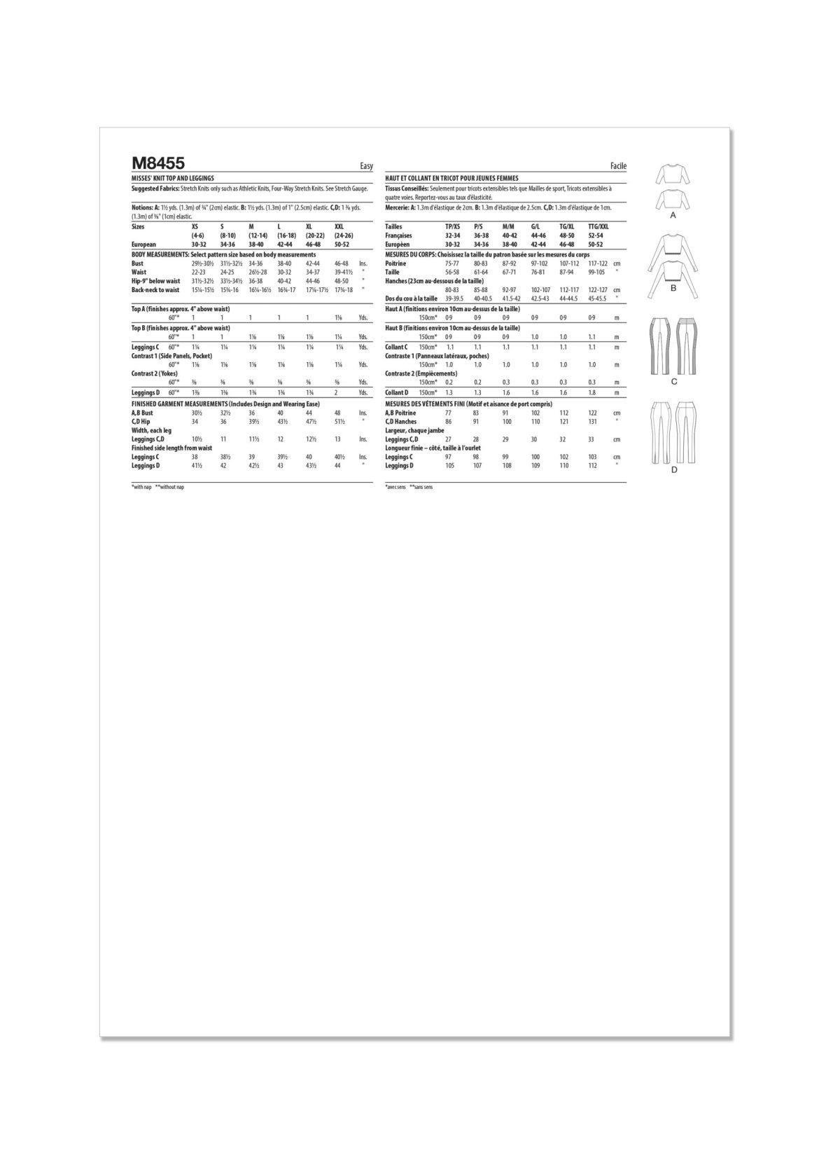 McCall's Sewing Pattern M8455 Misses' Knit Top and Leggings