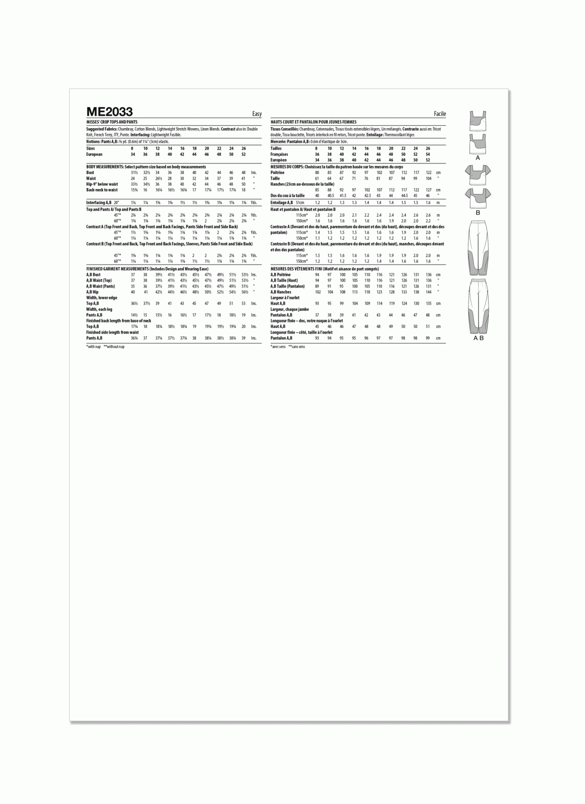 Know Me Sewing Pattern ME2033 Misses' Crop Tops and Trousers