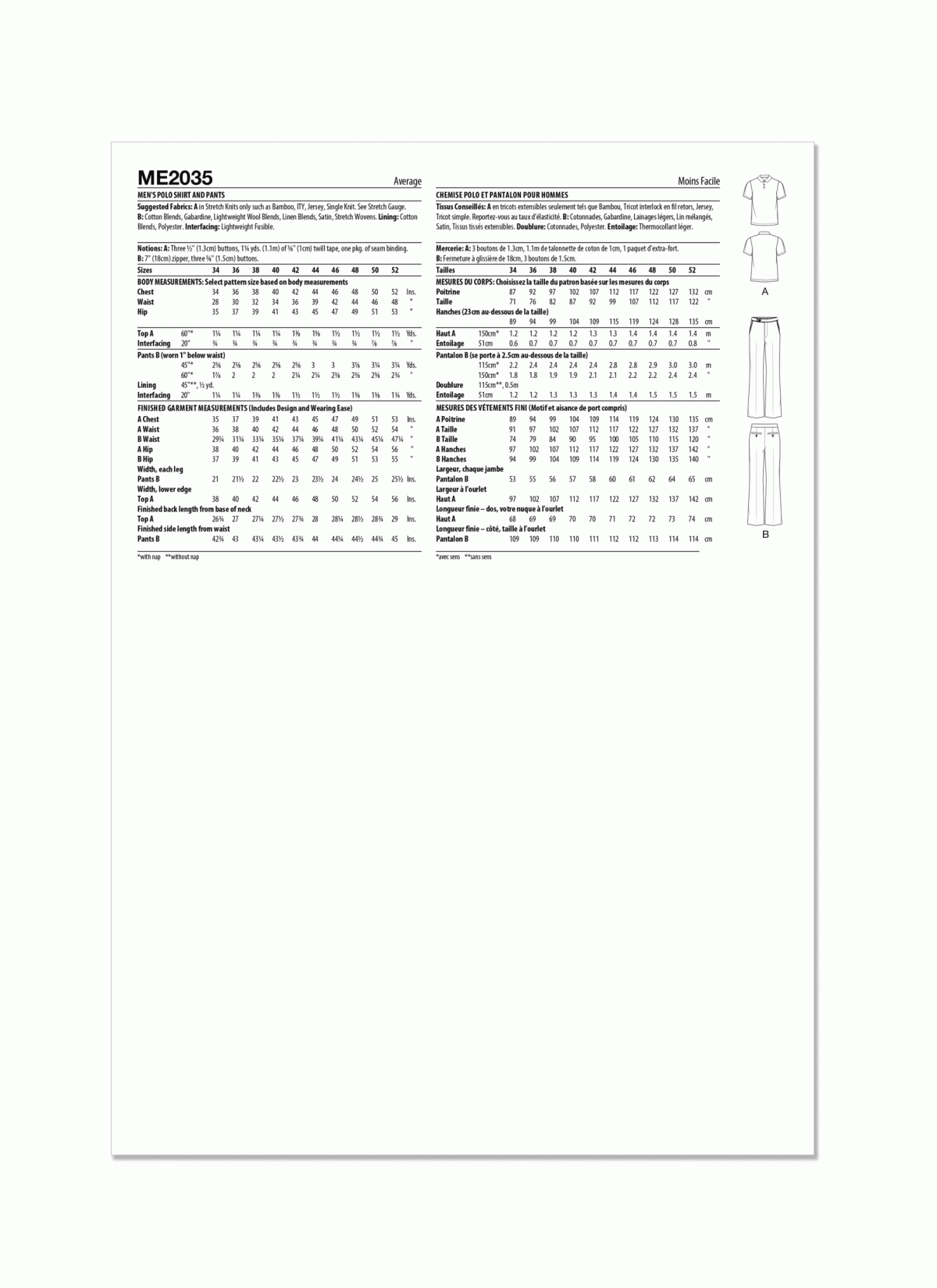 Know Me Sewing Pattern ME2035 Men's Polo Shirt and Trousers