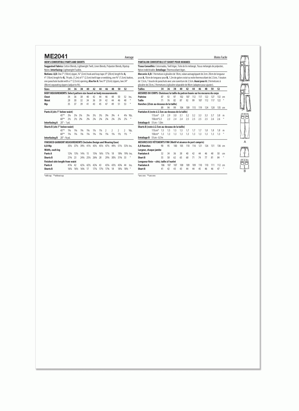 Know Me Sewing Pattern ME2041 Men's Convertible Trousers and Shorts
