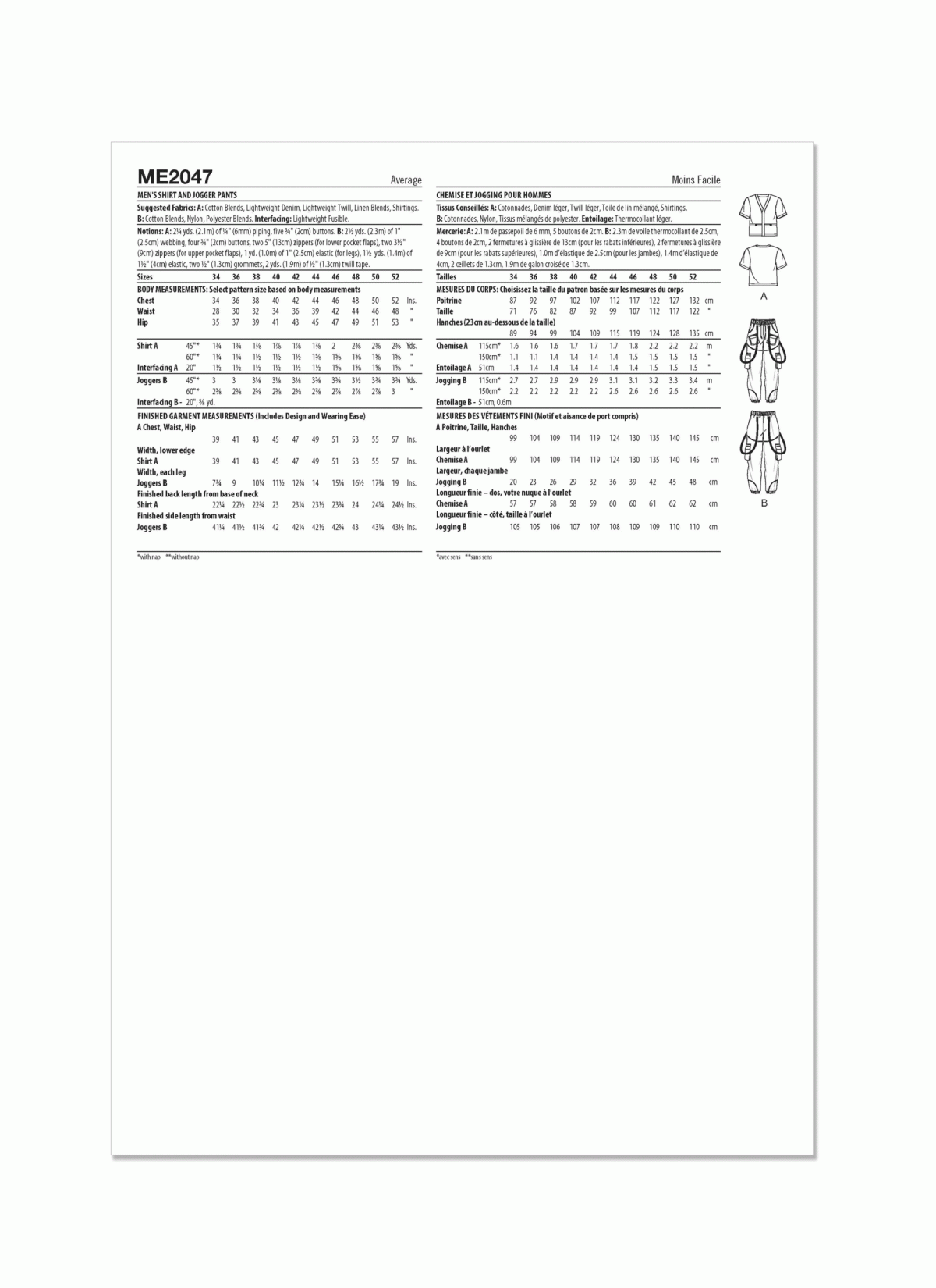 Know Me Sewing Pattern ME2047 Men's Shirt and Jogger Pants