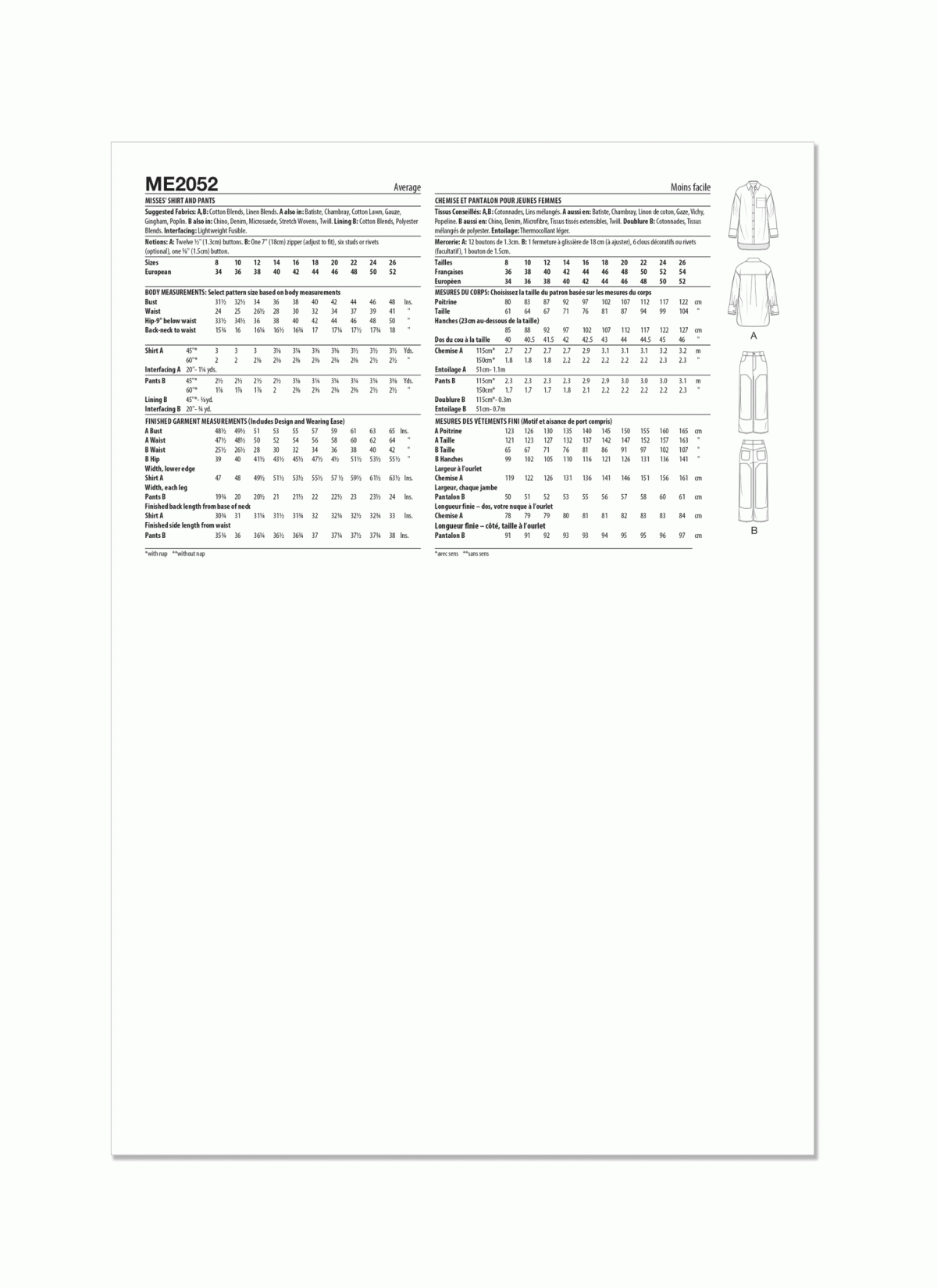 Know Me Sewing Pattern ME2052 Misses' Shirt and Trousers by Beaute' J'adore