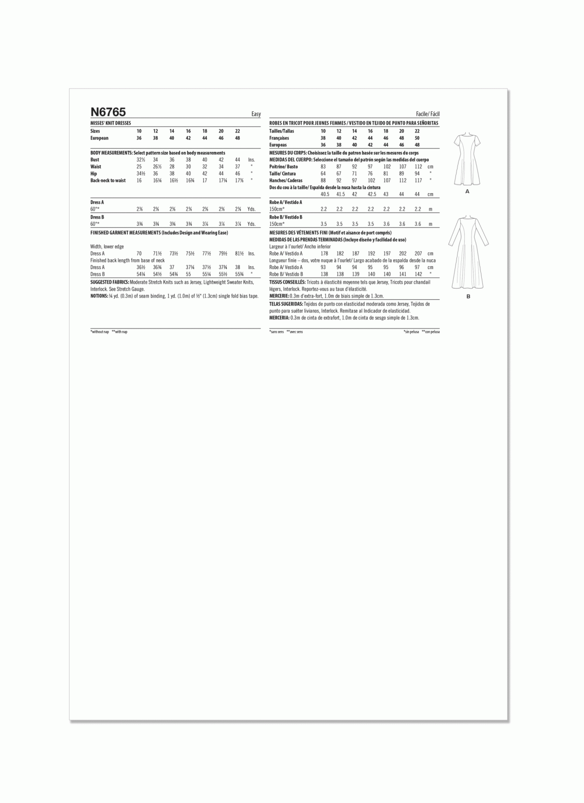 New Look Sewing Pattern N6765 Misses' Knit Dresses