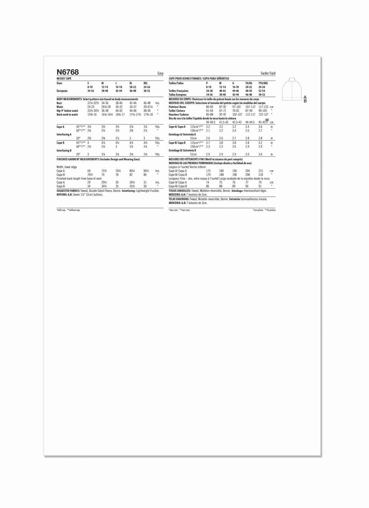 New Look Sewing Pattern N6768 Misses' Cape