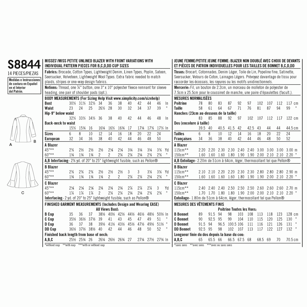 Simplicity Pattern S8844 Misses'/ Miss Petite Unlined Blazer or Jacket