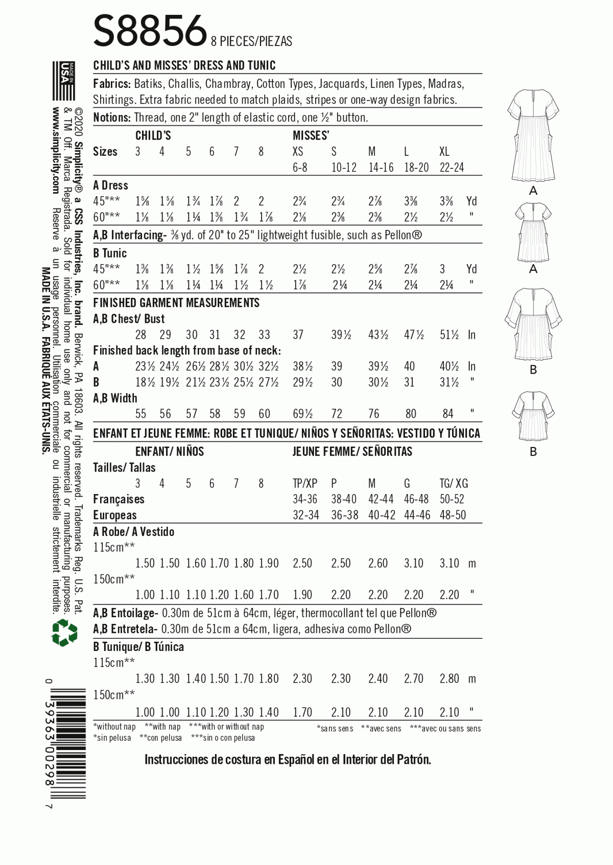 Simplicity Pattern S8856 Child's and Misses' Dress and Tunic