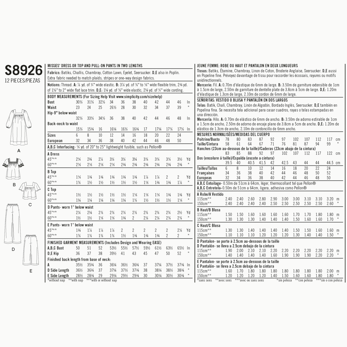 Simplicity Sewing Pattern S8926 Misses' Dress, Tops, and Trousers