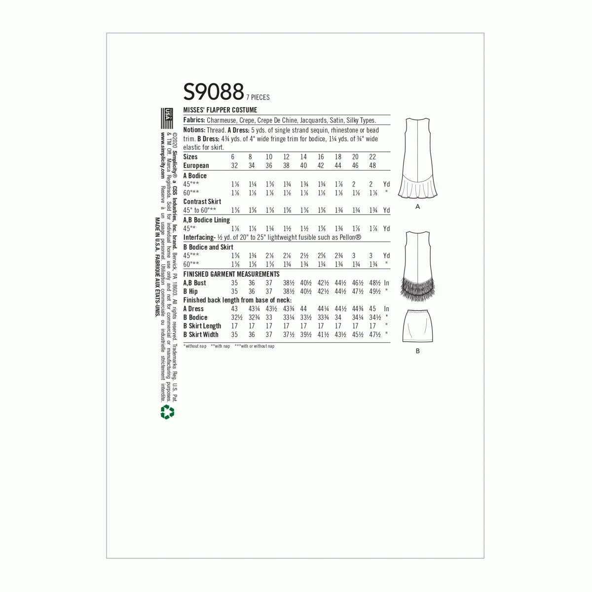 PATTERN S9088 MISSES' FLAPPER COSTUME