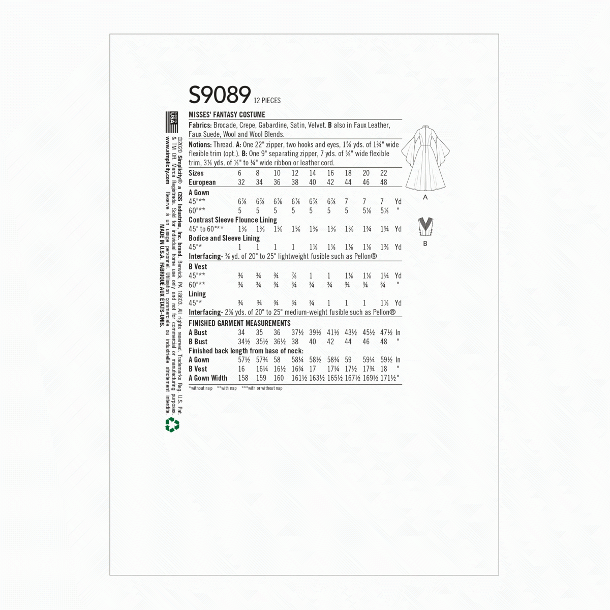 PATTERN S9089 MISSES' FANTASY COSTUME