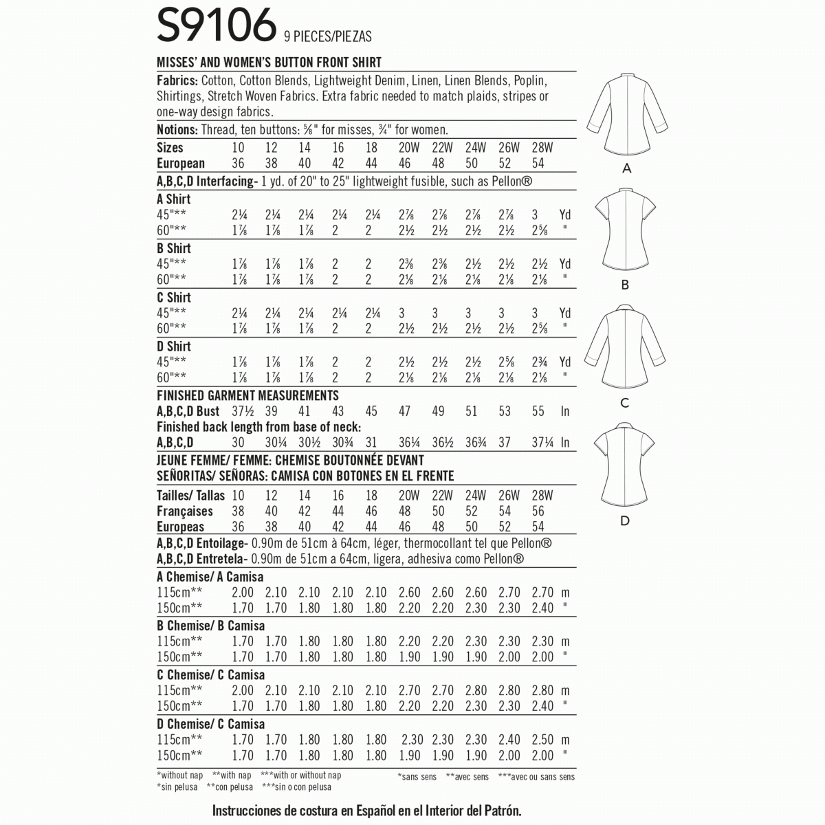 Simplicity Sewing Pattern S9106 Misses' & Women's Button Front Shirt